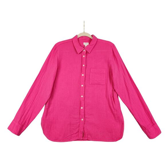 J Crew Factory Womens Double Gauze Button Up Shirt Size Med Fuchsia Pink Cotton - Picture 2 of 11